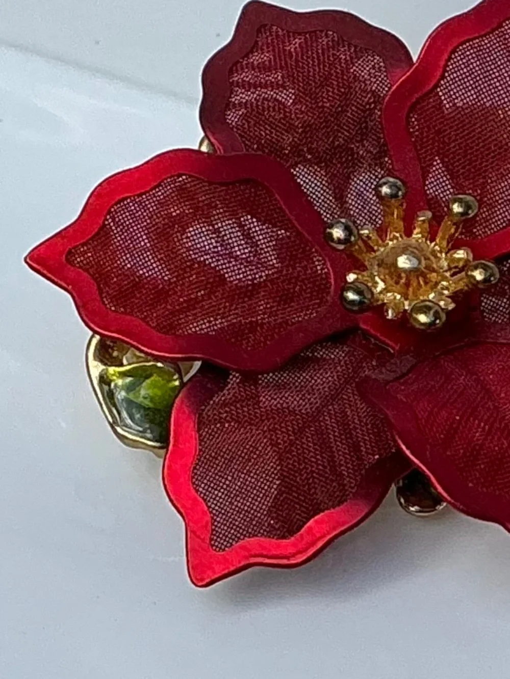 Vintage 1990s Kenneth Cole Signed Red Mesh Poinsettia Brooch Holiday Pin